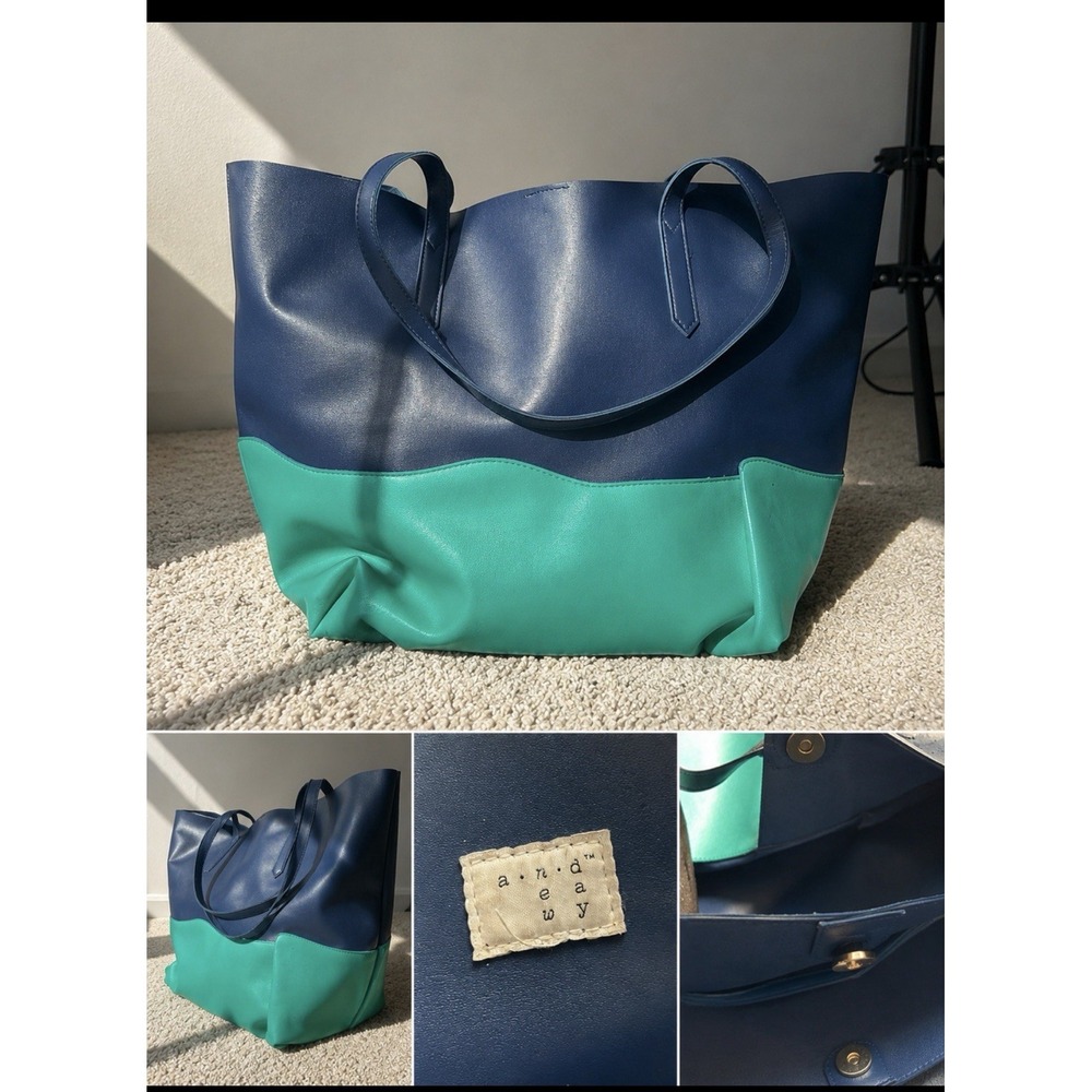 A.R.D. Dewy Blue Green Colorblock Oversized Tote Shoulder Bag Large